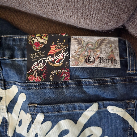 Ed Hardy Blue Flare Jeans with White and Multicolor Design - Picture 5 of 5